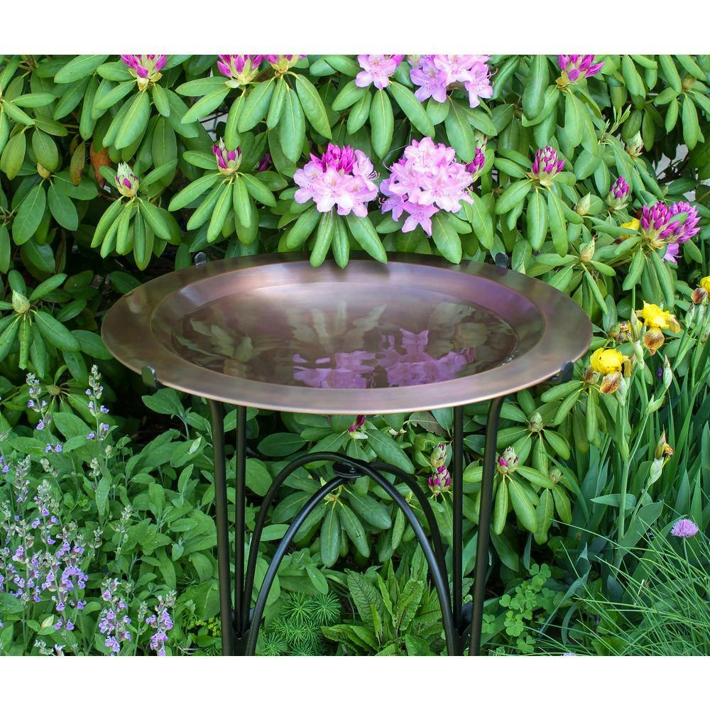 24 in. Dia Round Antique Finished Brass Classic Copper Birdbath with Black Wrought Iron Phoebe Stand by ACHLA DESIGNS 3 24 in. Dia Round Antique Finished Brass Classic Copper Birdbath with Black Wrought Iron Phoebe Stand by ACHLA DESIGNS - Image 3
