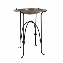 24 in. Dia Round Antique Finished Brass Classic Copper Birdbath with Black Wrought Iron Phoebe Stand by ACHLA DESIGNS