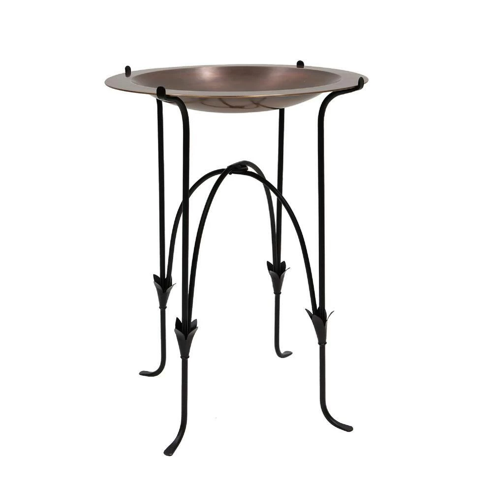 24 in. Dia Round Antique Finished Brass Classic Copper Birdbath with Black Wrought Iron Phoebe Stand by ACHLA DESIGNS 1 24 in. Dia Round Antique Finished Brass Classic Copper Birdbath with Black Wrought Iron Phoebe Stand by ACHLA DESIGNS