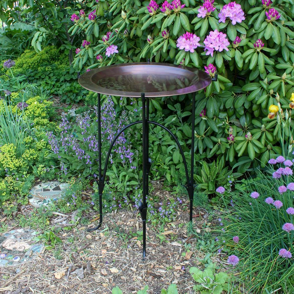 24 in. Dia Round Antique Finished Brass Classic Copper Birdbath with Black Wrought Iron Phoebe Stand by ACHLA DESIGNS 2 24 in. Dia Round Antique Finished Brass Classic Copper Birdbath with Black Wrought Iron Phoebe Stand by ACHLA DESIGNS - Image 2