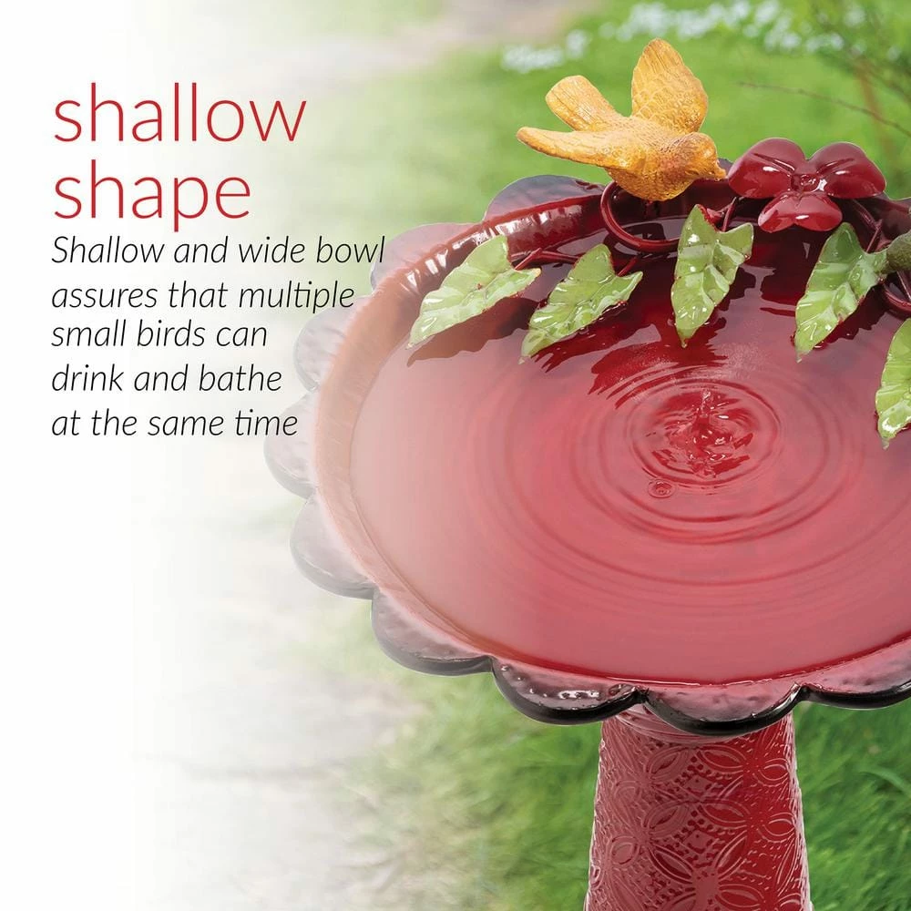 28 in. Tall Outdoor Metal Birdbath with Birds and Leaves Yard Statue Decoration, Red by Alpine Corporation 5 28 in. Tall Outdoor Metal Birdbath with Birds and Leaves Yard Statue Decoration, Red by Alpine Corporation - Image 5