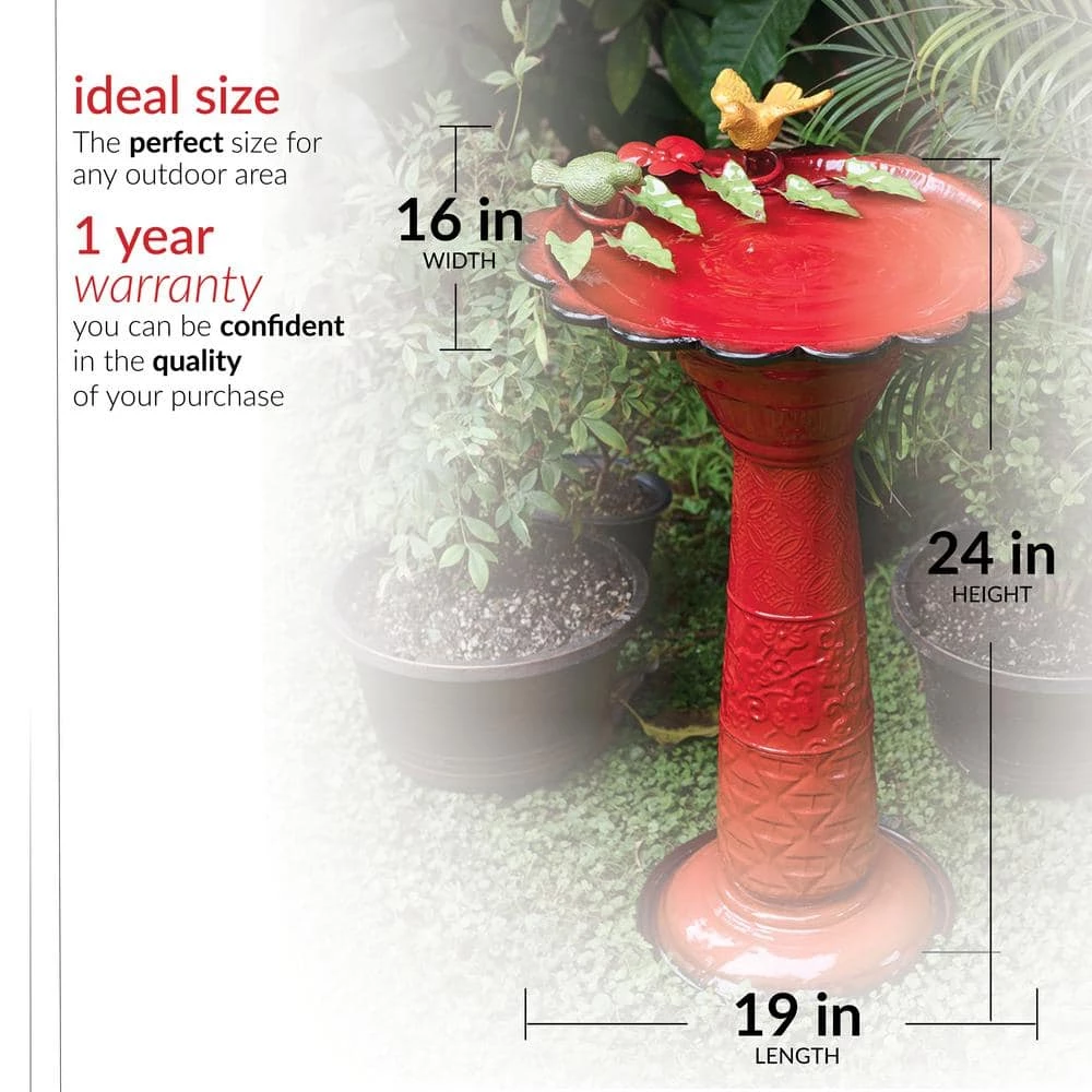 28 in. Tall Outdoor Metal Birdbath with Birds and Leaves Yard Statue Decoration, Red by Alpine Corporation 3 28 in. Tall Outdoor Metal Birdbath with Birds and Leaves Yard Statue Decoration, Red by Alpine Corporation - Image 3