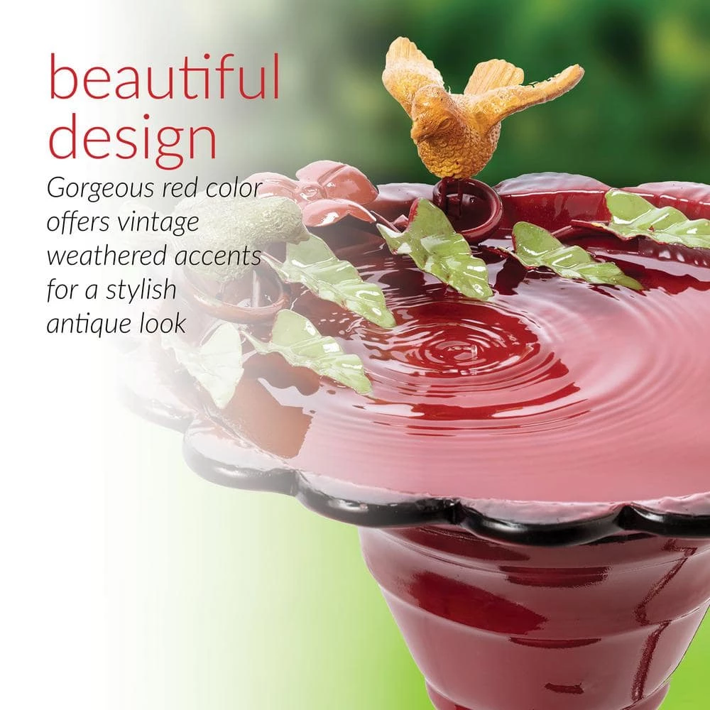 28 in. Tall Outdoor Metal Birdbath with Birds and Leaves Yard Statue Decoration, Red by Alpine Corporation 4 28 in. Tall Outdoor Metal Birdbath with Birds and Leaves Yard Statue Decoration, Red by Alpine Corporation - Image 4