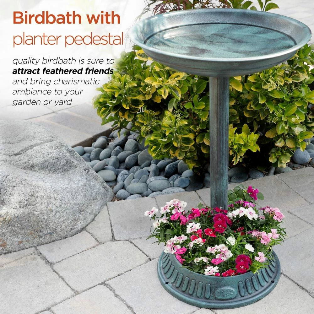 25 in. Tall Outdoor Birdbath with Planter Yard Statue, Green by Alpine Corporation 4 25 in. Tall Outdoor Birdbath with Planter Yard Statue, Green by Alpine Corporation - Image 4