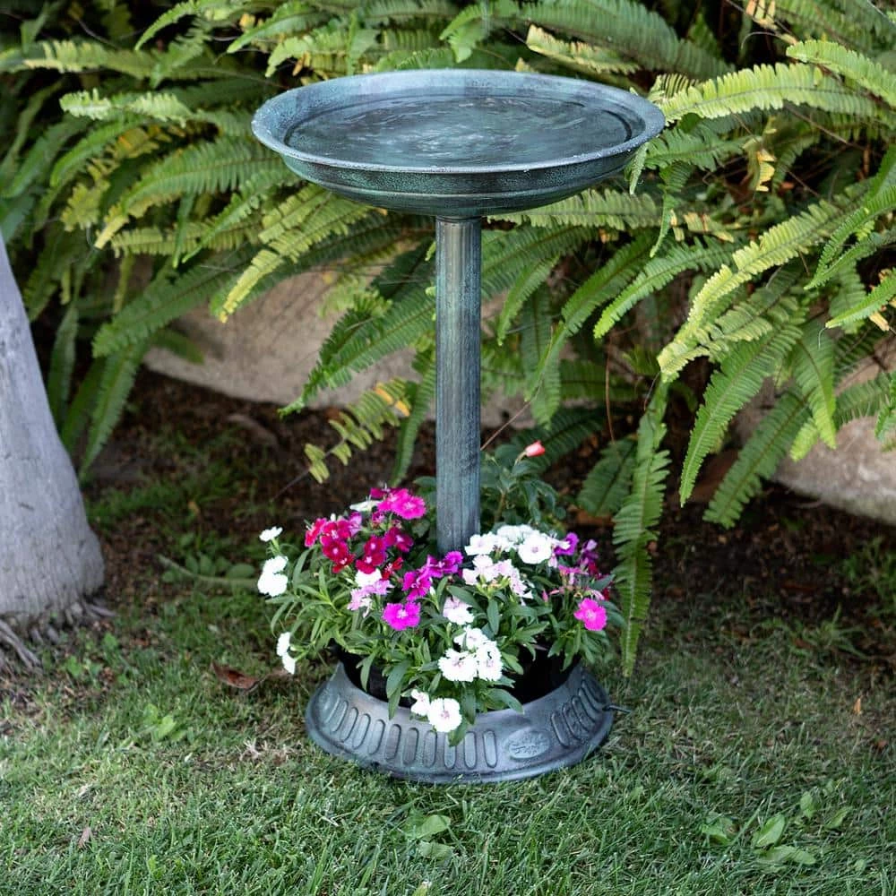 25 in. Tall Outdoor Birdbath with Planter Yard Statue, Green by Alpine Corporation 2 25 in. Tall Outdoor Birdbath with Planter Yard Statue, Green by Alpine Corporation - Image 2