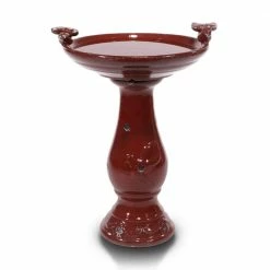 24 in. Tall Outdoor Ceramic Antique Pedestal Birdbath with 2 Bird Figurines, Red by Alpine Corporation
