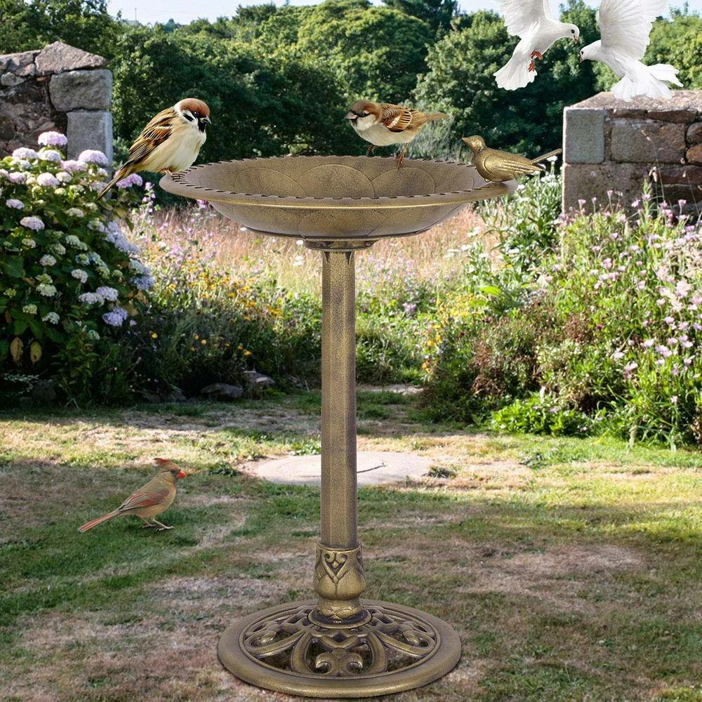 22 in. x 28 in. Antique Gold Freestanding Pedestal Bird Bath Feeder by ANGELES HOME 2 22 in. x 28 in. Antique Gold Freestanding Pedestal Bird Bath Feeder by ANGELES HOME - Image 2