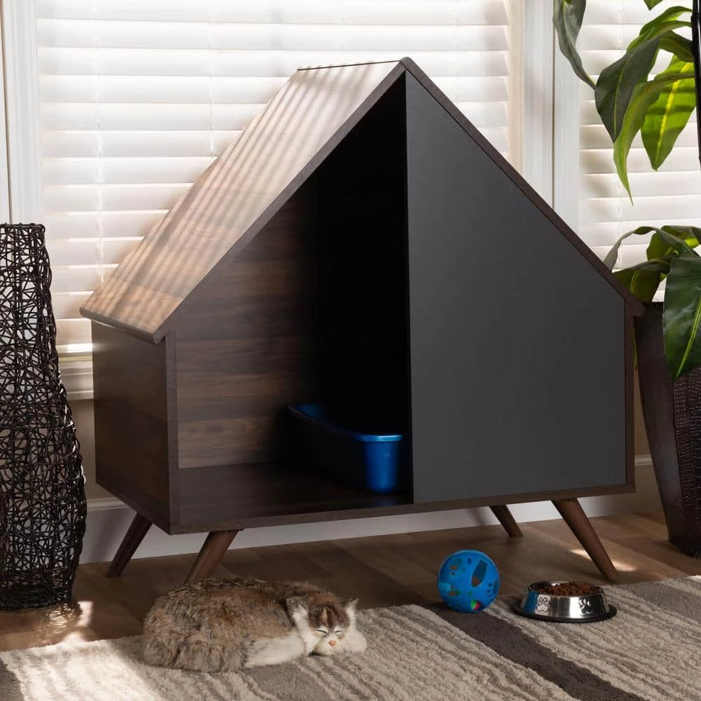 Mia Walnut and Grey Wood Cat Litter Box Cover House by Baxton Studio 2 Mia Walnut and Grey Wood Cat Litter Box Cover House by Baxton Studio - Image 2