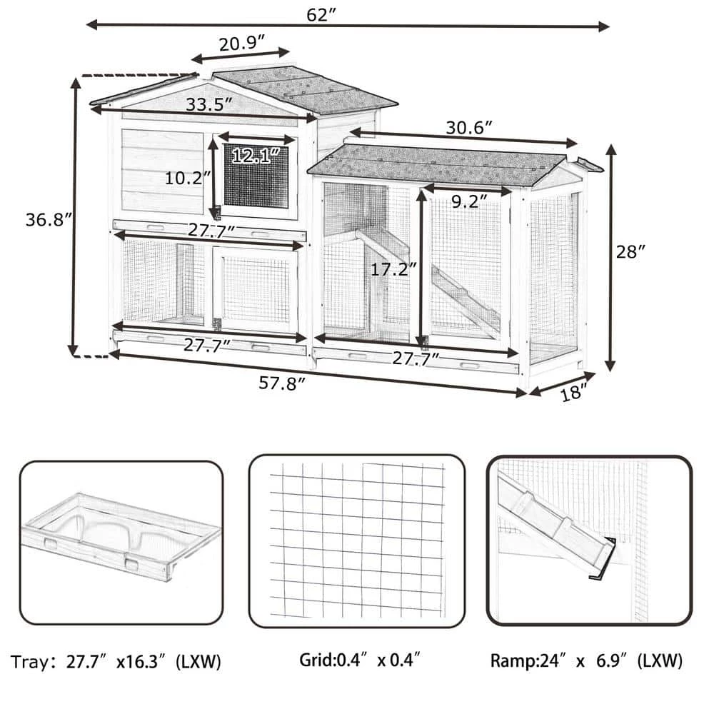 5.1 ft. x 1.7 ft x 3.1 ft. Small Animal House Pet Rabbit Hutch Wooden Chicken Coop with Tray and Ramp - Medium Gray by Angel Sar 5 5.1 ft. x 1.7 ft x 3.1 ft. Small Animal House Pet Rabbit Hutch Wooden Chicken Coop with Tray and Ramp - Medium Gray by Angel Sar - Image 5