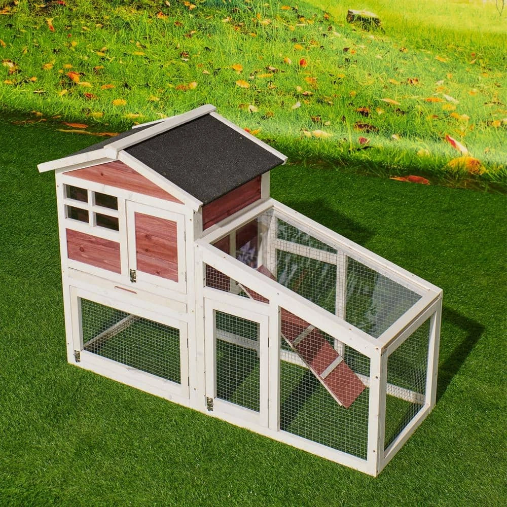Outdoor Wooden Chicken Coop Backyard Garden Animals Pet Cage with Run, Ventilation Door, and Removable Tray, Red by Tatayosi 2 Outdoor Wooden Chicken Coop Backyard Garden Animals Pet Cage with Run, Ventilation Door, and Removable Tray, Red by Tatayosi - Image 2