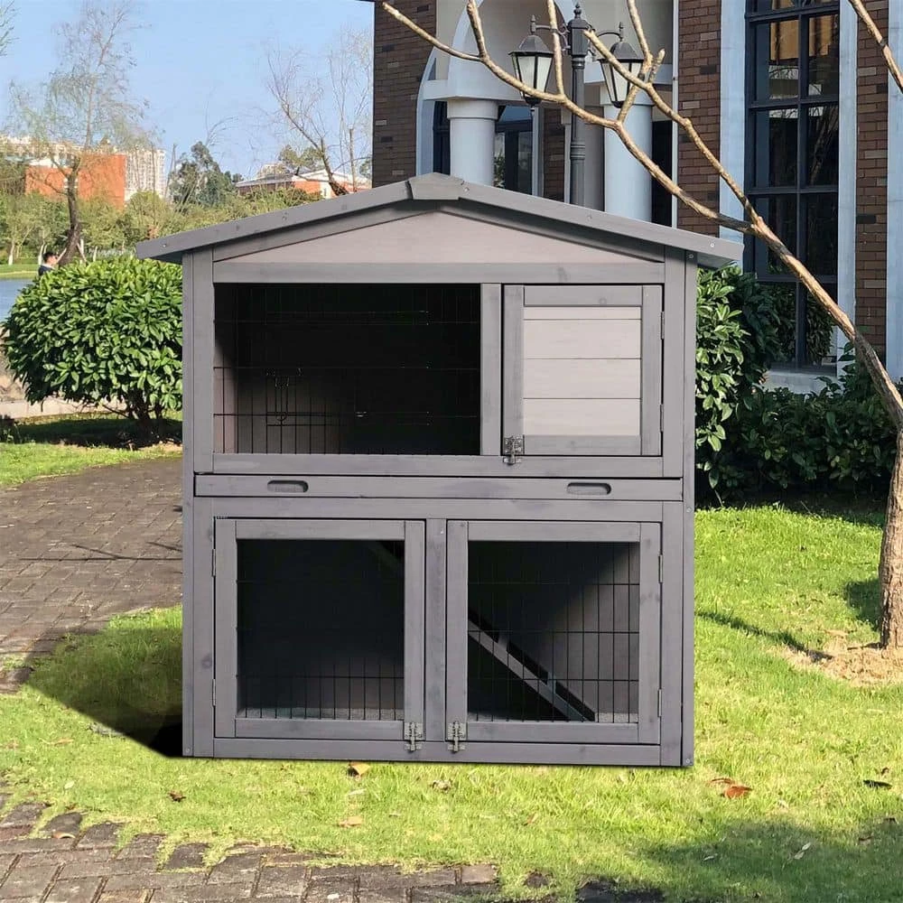 Gray Wooden 2 Story Design Outdoor Rabbit Guinea Pigs Hutch Ferrets by Foobrues 2 Gray Wooden 2 Story Design Outdoor Rabbit Guinea Pigs Hutch Ferrets by Foobrues - Image 2