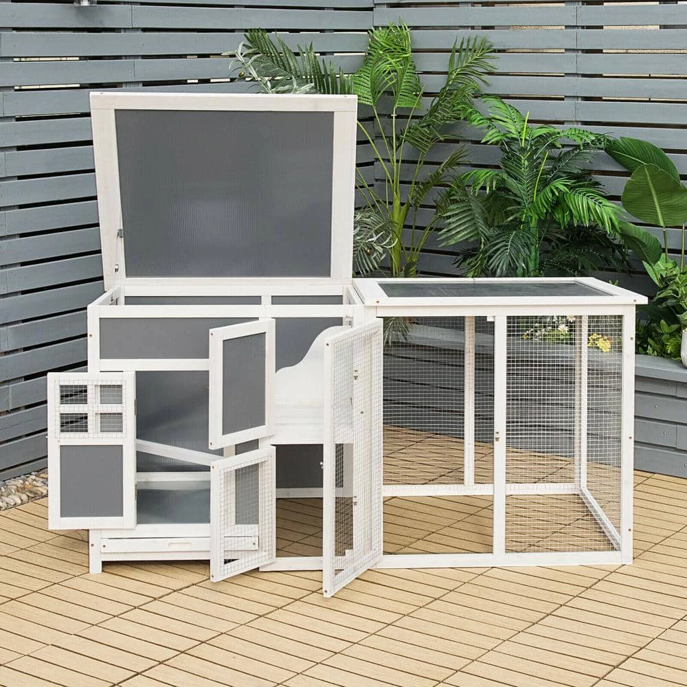 63 in. Small Wooden Cage Rabbit Hutch BChicken Coop in White and Gray by WELLFOR 2 63 in. Small Wooden Cage Rabbit Hutch BChicken Coop in White and Gray by WELLFOR - Image 2