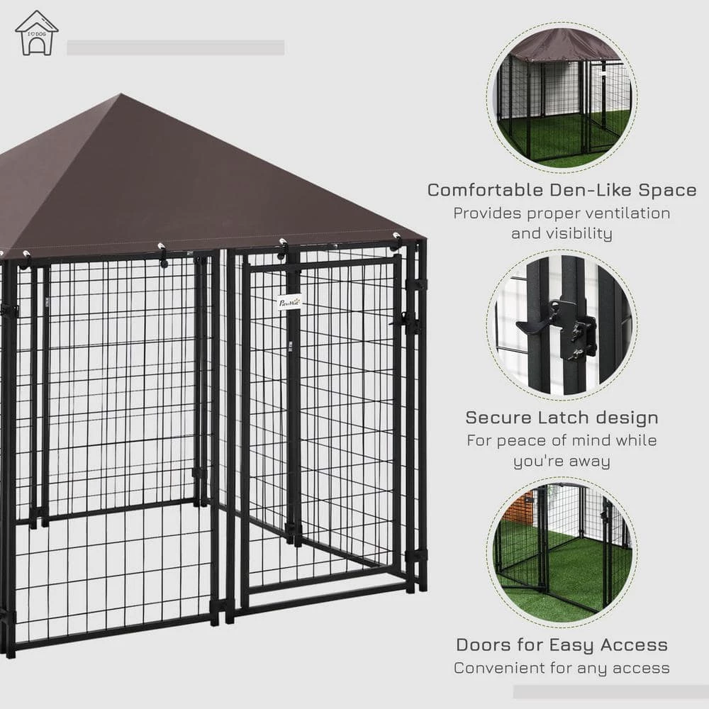 Black Metal Lockable Dog House Kennel with Water-Resistant Roof by PawHut 3 Black Metal Lockable Dog House Kennel with Water-Resistant Roof by PawHut - Image 3
