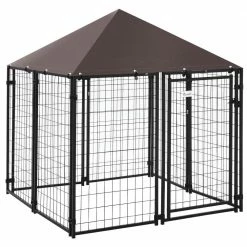Black Metal Lockable Dog House Kennel with Water-Resistant Roof by PawHut