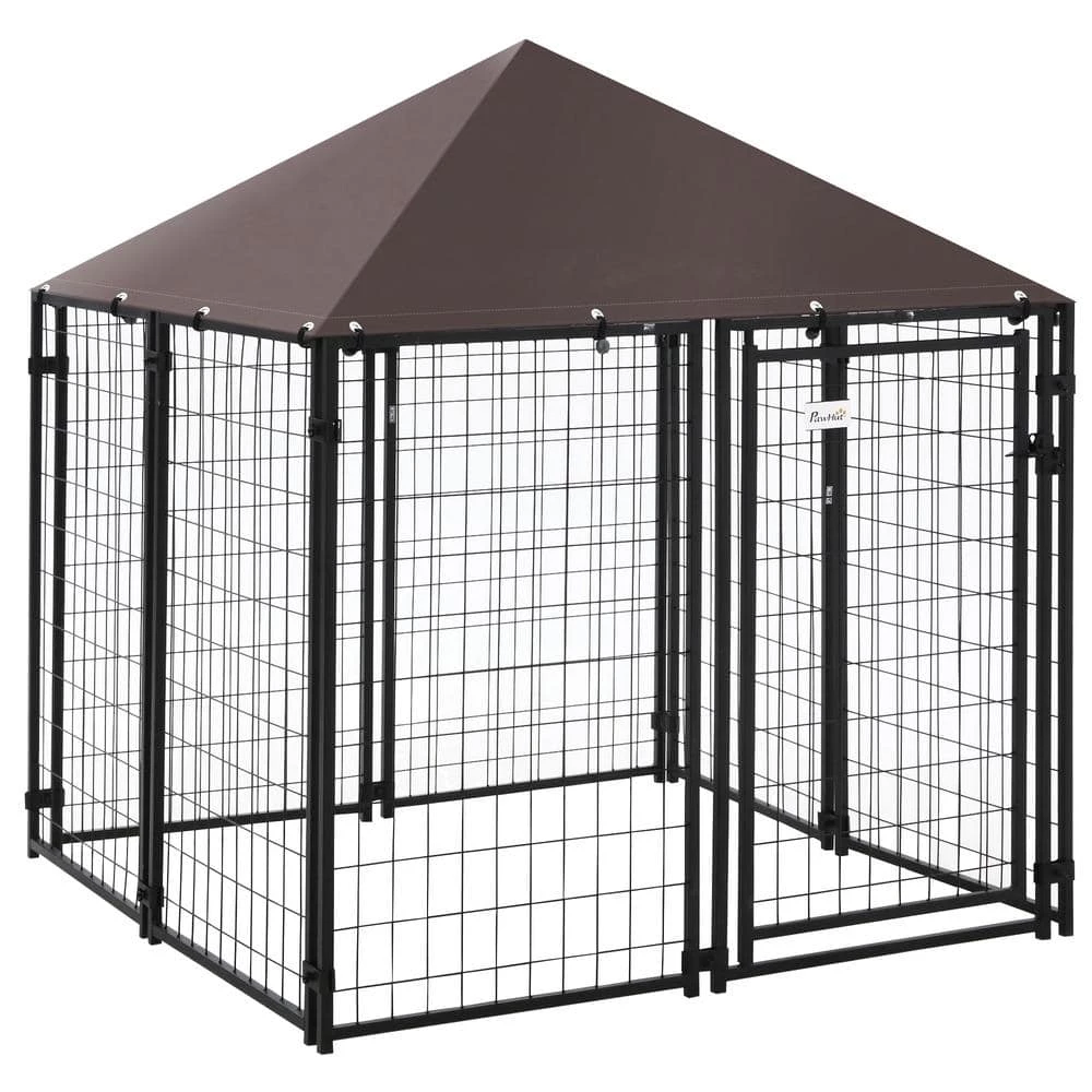 Black Metal Lockable Dog House Kennel with Water-Resistant Roof by PawHut 1 Black Metal Lockable Dog House Kennel with Water-Resistant Roof by PawHut