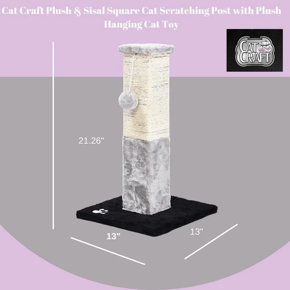 Plush and Sisal Square Cat Scratching Post with Plush Hanging Cat Toy, Gray/Natural by CAT CRAFT 2 Plush and Sisal Square Cat Scratching Post with Plush Hanging Cat Toy, Gray/Natural by CAT CRAFT - Image 2
