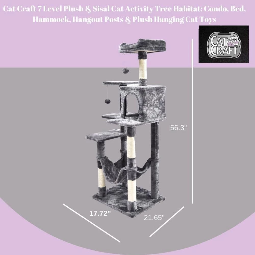 7-Level Plush and Sisal Cat Activity Tree: Condo, Bed, Hammock, Hangout Posts and Hanging Cat Toys, Gray, Large by CAT CRAFT 2 7-Level Plush and Sisal Cat Activity Tree: Condo, Bed, Hammock, Hangout Posts and Hanging Cat Toys, Gray, Large by CAT CRAFT - Image 2