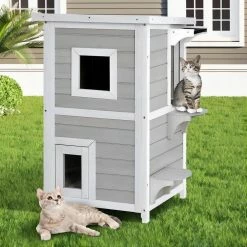 2-Tier Rainproof Wooden Cat House with Escape Door by FORCLOVER -Cheap Bird & Wildlife Supplies Store cat houses cj7439 31 1000