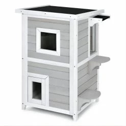 2-Tier Rainproof Wooden Cat House with Escape Door by FORCLOVER