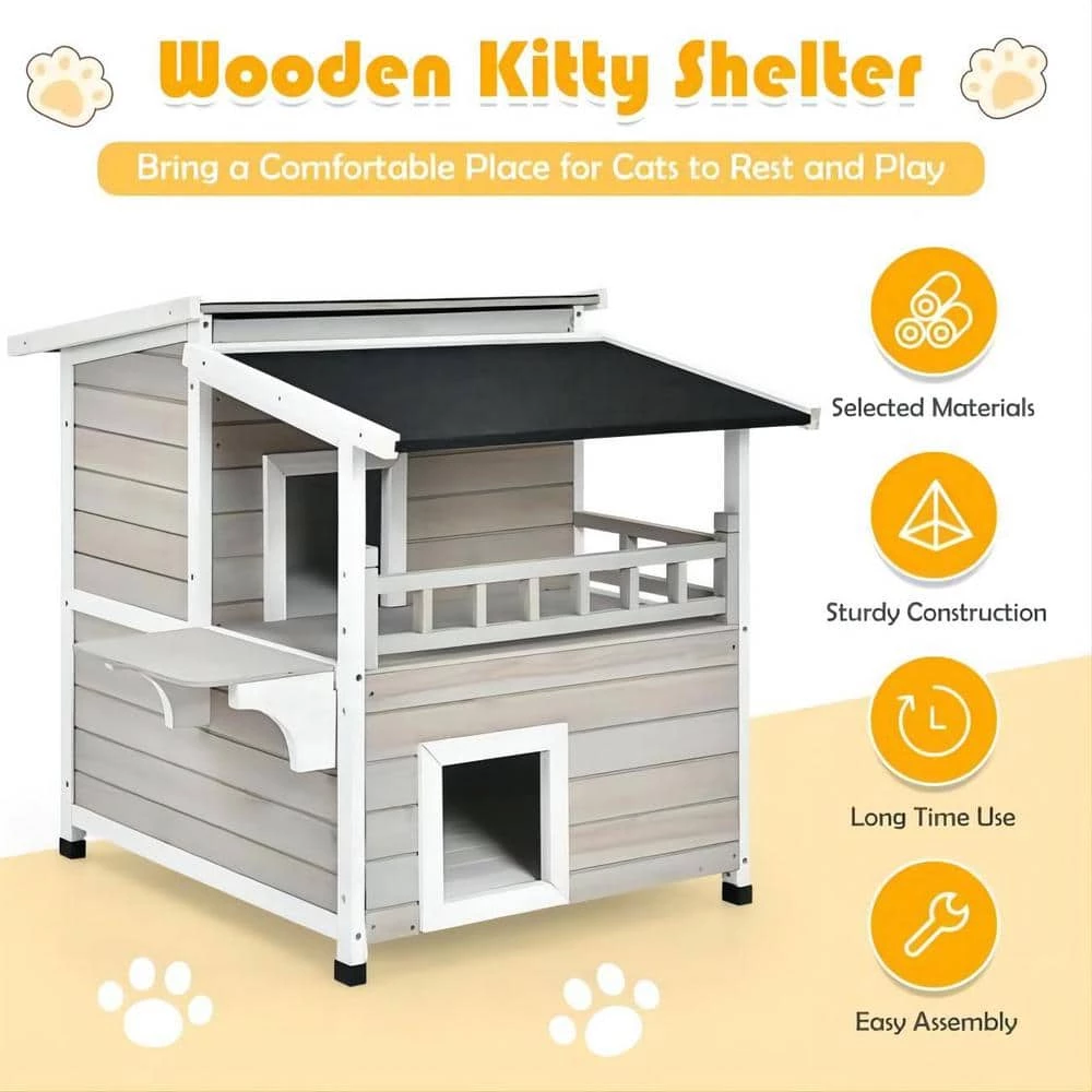 2-tier Wooden Patio Cat House with Balcony by FORCLOVER 7 2-tier Wooden Patio Cat House with Balcony by FORCLOVER - Image 7