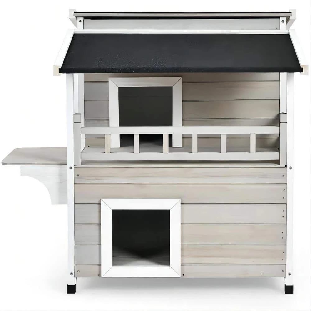 2-tier Wooden Patio Cat House with Balcony by FORCLOVER 1 2-tier Wooden Patio Cat House with Balcony by FORCLOVER
