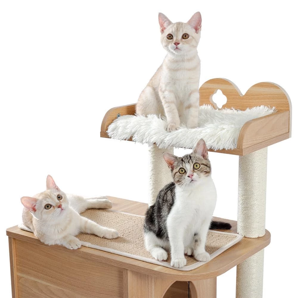 47.2 in. H Beige Wooden Cat Tree, Felt Fabric Cat House, Sisal Rope Cat Tower by Unbranded 4 47.2 in. H Beige Wooden Cat Tree, Felt Fabric Cat House, Sisal Rope Cat Tower by Unbranded - Image 4