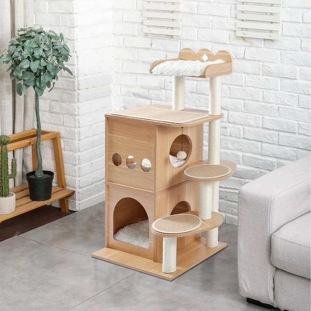 47.2 in. H Beige Wooden Cat Tree, Felt Fabric Cat House, Sisal Rope Cat Tower by Unbranded 7 47.2 in. H Beige Wooden Cat Tree, Felt Fabric Cat House, Sisal Rope Cat Tower by Unbranded - Image 7