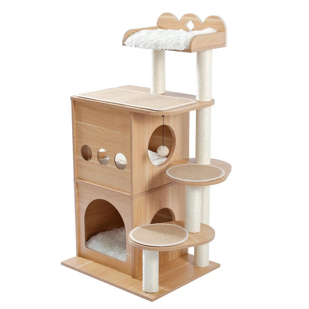 47.2 in. H Beige Wooden Cat Tree, Felt Fabric Cat House, Sisal Rope Cat Tower by Unbranded 1 47.2 in. H Beige Wooden Cat Tree, Felt Fabric Cat House, Sisal Rope Cat Tower by Unbranded