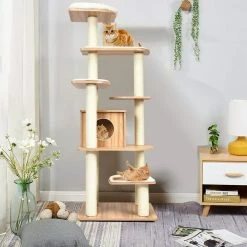 69 in. H Wood Multi-Layer Platform Cat Tree with Condo with Wood Furniture Cover by FORCLOVER -Cheap Bird & Wildlife Supplies Store cat trees scratch posts cj7431 31 1000