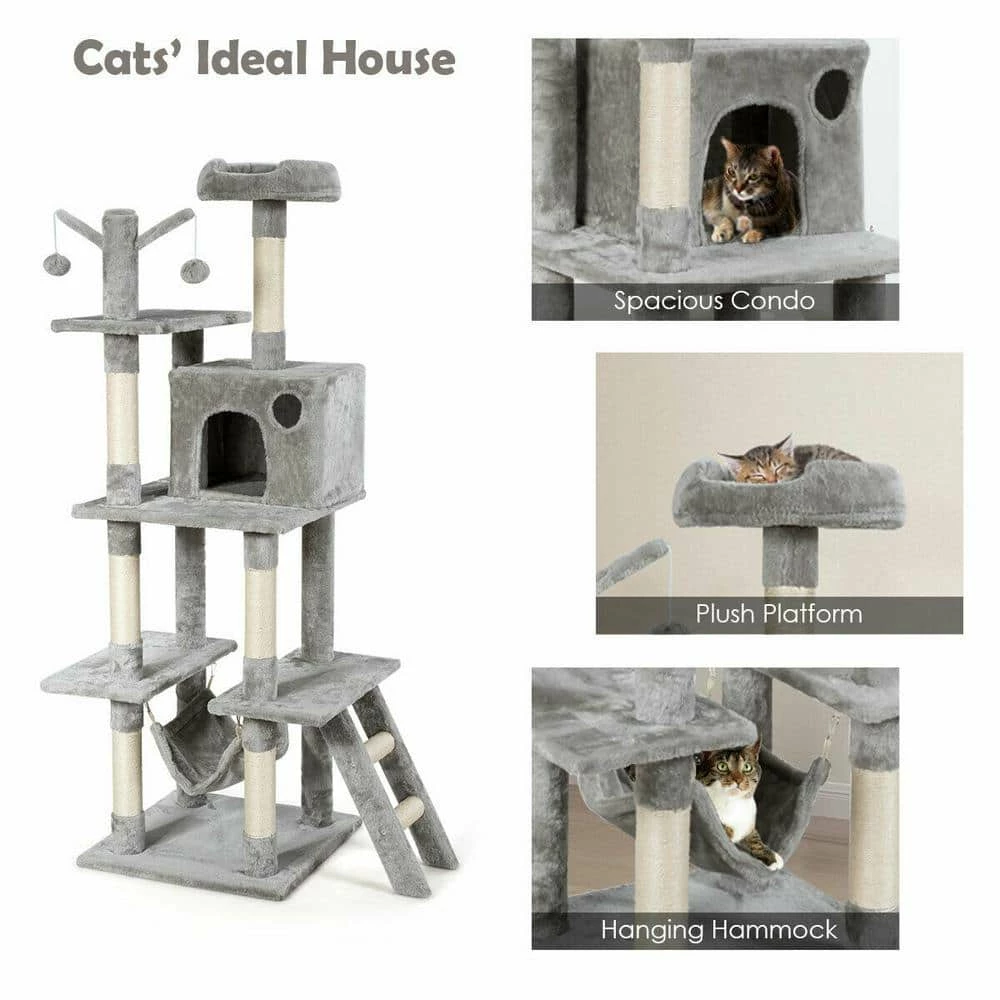 Gray 65.7 in. Cat Trees and Scratch Posts Furniture Cover Kitten Climbing Tower Cat Condo Playground with Ladder by WELLFOR 4 Gray 65.7 in. Cat Trees and Scratch Posts Furniture Cover Kitten Climbing Tower Cat Condo Playground with Ladder by WELLFOR - Image 4