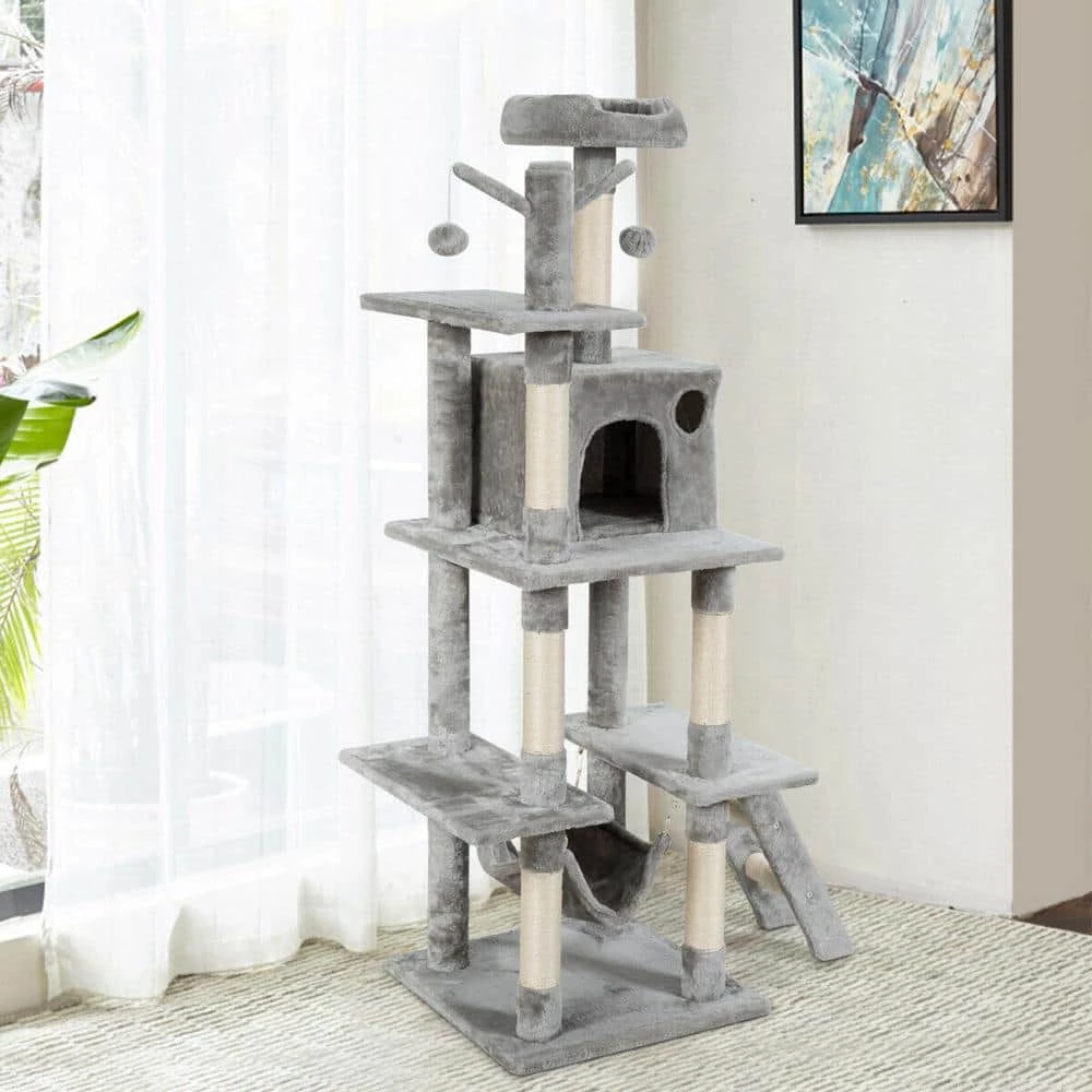 Gray 65.7 in. Cat Trees and Scratch Posts Furniture Cover Kitten Climbing Tower Cat Condo Playground with Ladder by WELLFOR 2 Gray 65.7 in. Cat Trees and Scratch Posts Furniture Cover Kitten Climbing Tower Cat Condo Playground with Ladder by WELLFOR - Image 2