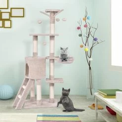 Beige Cat Trees and Scratch Posts Furniture Cover Kitten Climbing Tower Cat Condo with Sisal-Covered Posts and Ladder by WELLFOR -Cheap Bird & Wildlife Supplies Store cat trees scratch posts ps hwy 7389be 31 1000