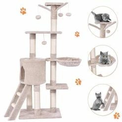 Beige Cat Trees and Scratch Posts Furniture Cover Kitten Climbing Tower Cat Condo with Sisal-Covered Posts and Ladder by WELLFOR -Cheap Bird & Wildlife Supplies Store cat trees scratch posts ps hwy 7389be 4f 1000
