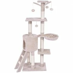 Beige Cat Trees and Scratch Posts Furniture Cover Kitten Climbing Tower Cat Condo with Sisal-Covered Posts and Ladder by WELLFOR