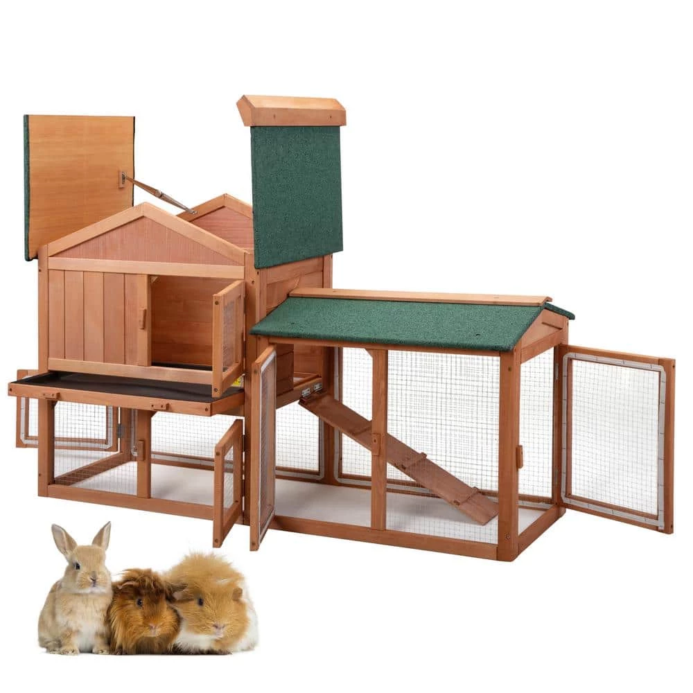 2-Tier Wooden Rabbit Hutch with Doors and Tray Orange by COZIWOW 9 2-Tier Wooden Rabbit Hutch with Doors and Tray Orange by COZIWOW - Image 9