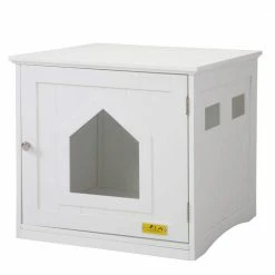 Wooden Cat House and Litter Box Enclosure Nightstand with 4 Vents, White by COZIWOW