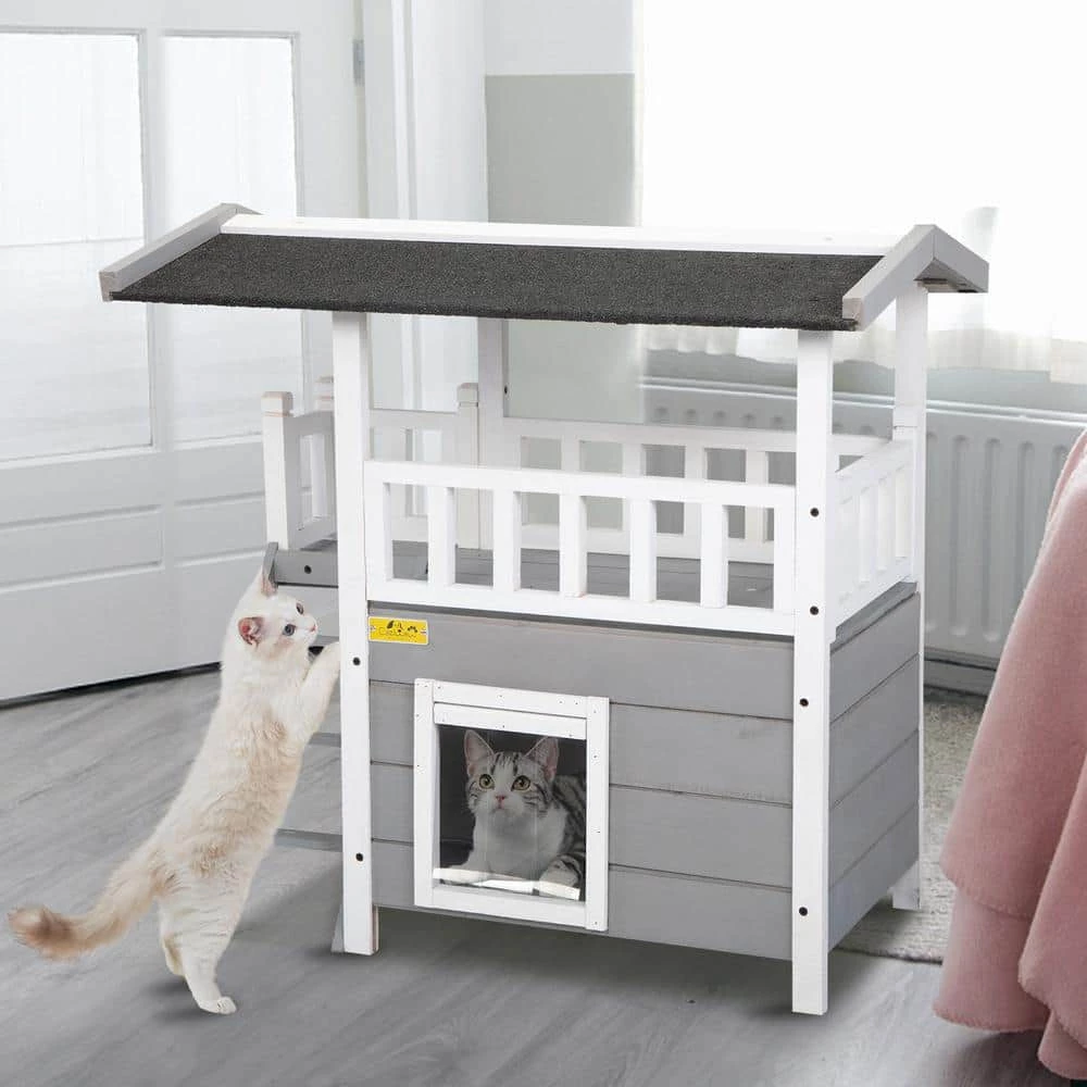2-Tier Wood Cat House Outdoor Pet Shelter Gray by COZIWOW 7 2-Tier Wood Cat House Outdoor Pet Shelter Gray by COZIWOW - Image 7