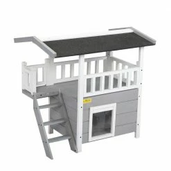 2-Tier Wood Cat House Outdoor Pet Shelter Gray by COZIWOW