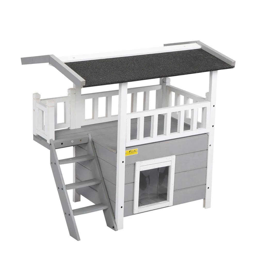 2-Tier Wood Cat House Outdoor Pet Shelter Gray by COZIWOW 1 2-Tier Wood Cat House Outdoor Pet Shelter Gray by COZIWOW