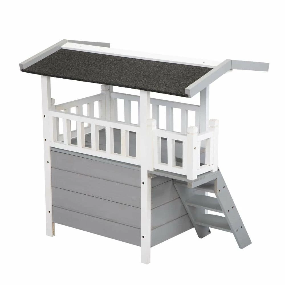 2-Tier Wood Cat House Outdoor Pet Shelter Gray by COZIWOW 3 2-Tier Wood Cat House Outdoor Pet Shelter Gray by COZIWOW - Image 3