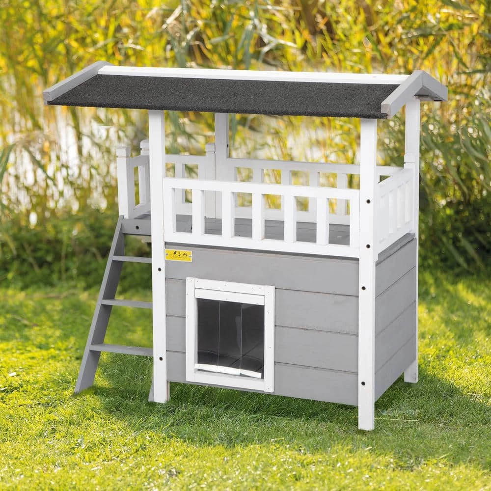 2-Tier Wood Cat House Outdoor Pet Shelter Gray by COZIWOW 2 2-Tier Wood Cat House Outdoor Pet Shelter Gray by COZIWOW - Image 2