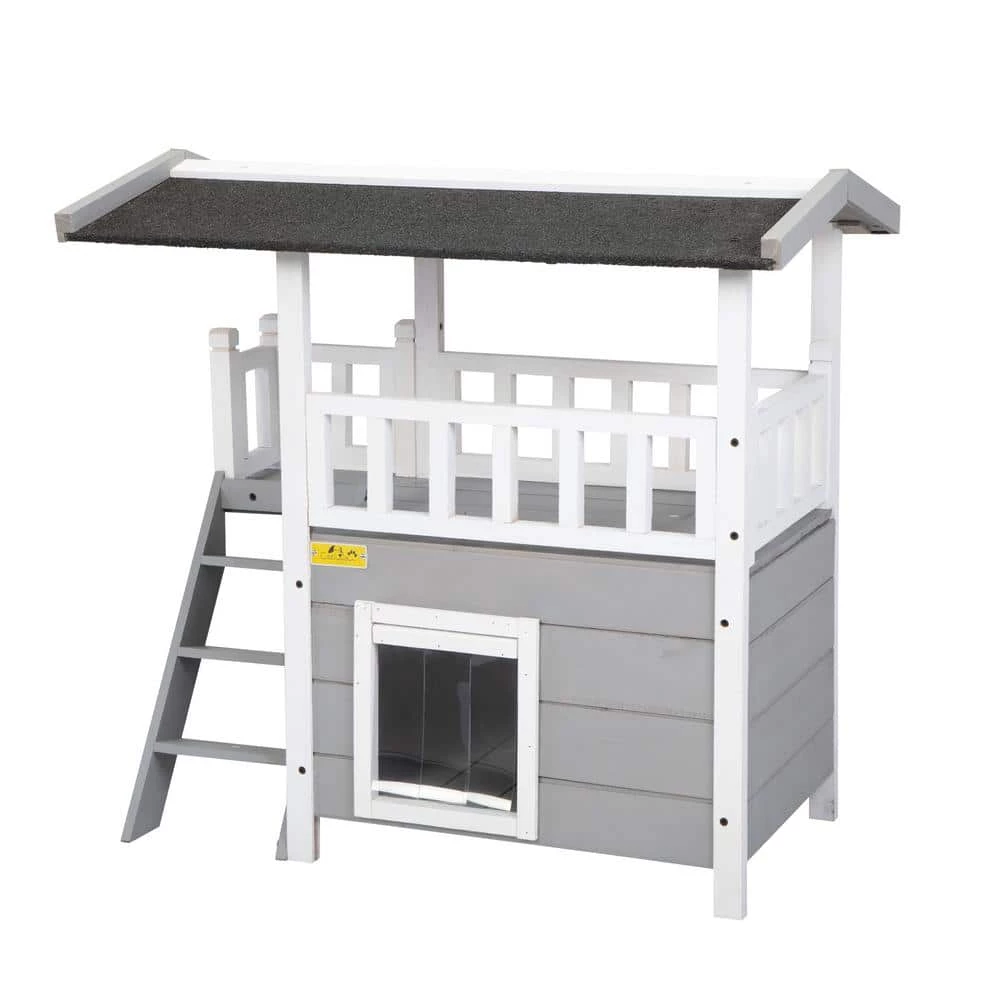 2-Tier Wood Cat House Outdoor Pet Shelter Gray by COZIWOW 8 2-Tier Wood Cat House Outdoor Pet Shelter Gray by COZIWOW - Image 8