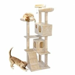 59.5 in. Cat Tree Kitten Activity Condo Penthouse W/ Scratching Post and Ladder Beige by COZIWOW
