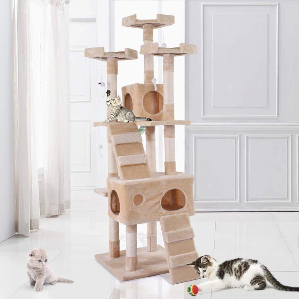 Sturdy Beige Cat Tree Tower Condo Flannel Covered by COZIWOW 4 Sturdy Beige Cat Tree Tower Condo Flannel Covered by COZIWOW - Image 4