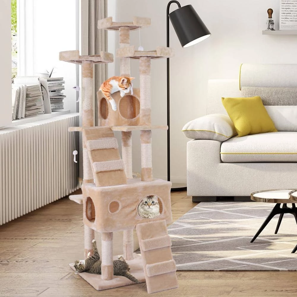 Sturdy Beige Cat Tree Tower Condo Flannel Covered by COZIWOW 2 Sturdy Beige Cat Tree Tower Condo Flannel Covered by COZIWOW - Image 2