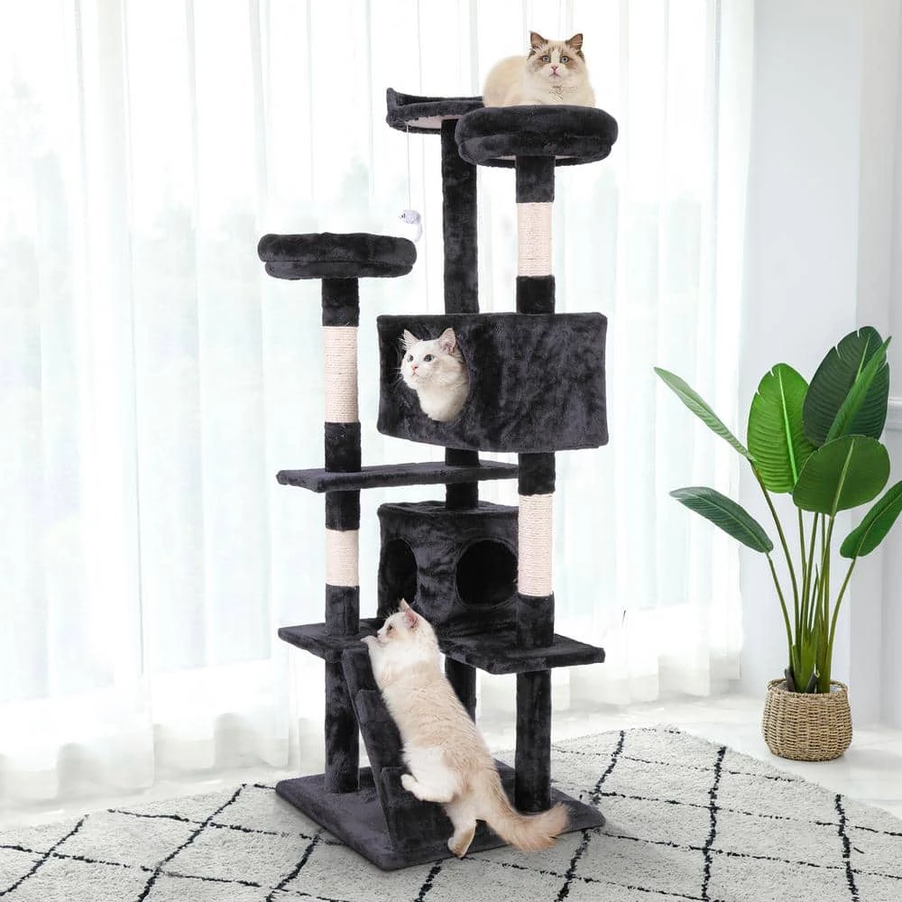 60 in. Cat Tree Tower Condo Plush Perches with Ladder for Play Rest Furniture Cover by COZIWOW 3 60 in. Cat Tree Tower Condo Plush Perches with Ladder for Play Rest Furniture Cover by COZIWOW - Image 3