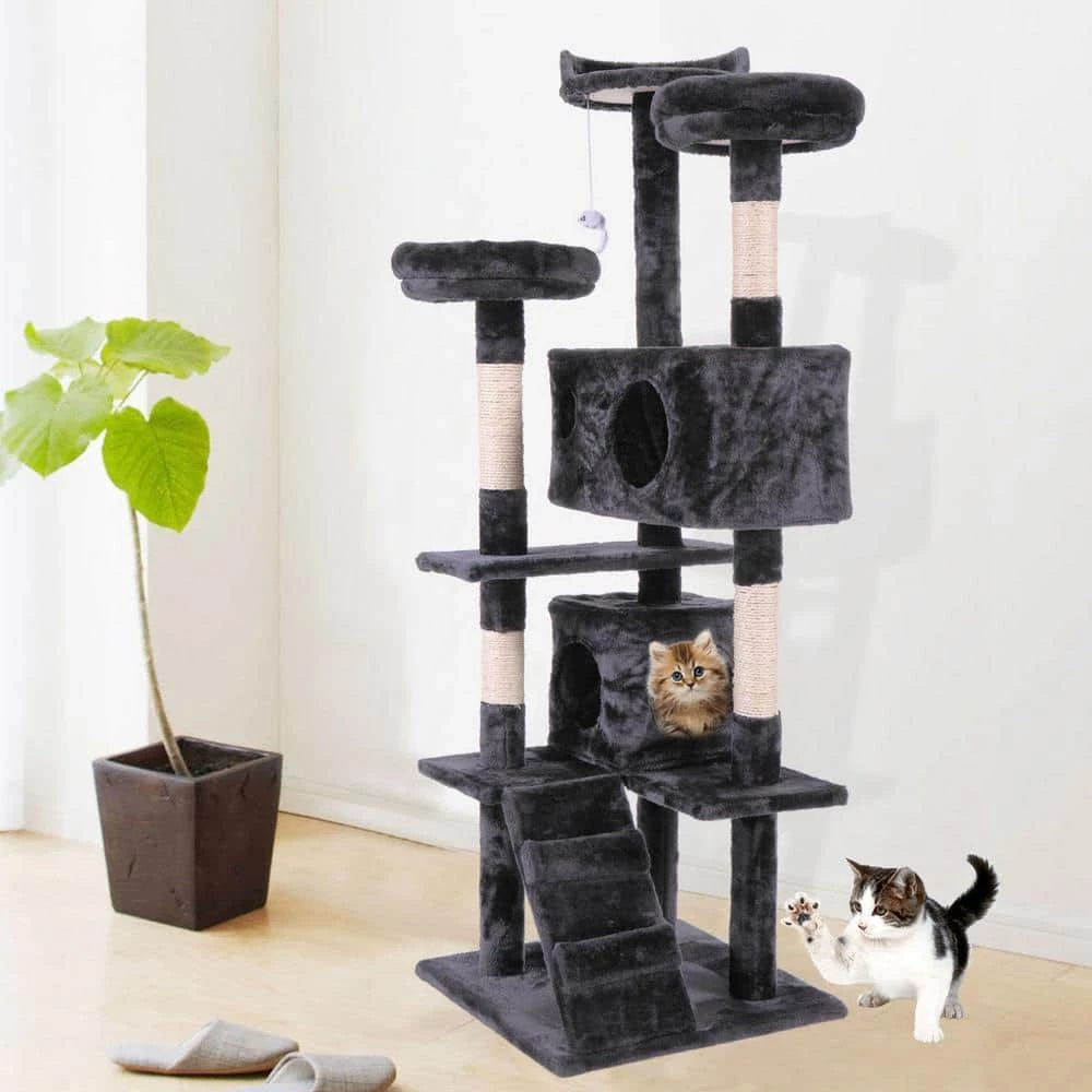 60 in. Cat Tree Tower Condo Plush Perches with Ladder for Play Rest Furniture Cover by COZIWOW 2 60 in. Cat Tree Tower Condo Plush Perches with Ladder for Play Rest Furniture Cover by COZIWOW - Image 2
