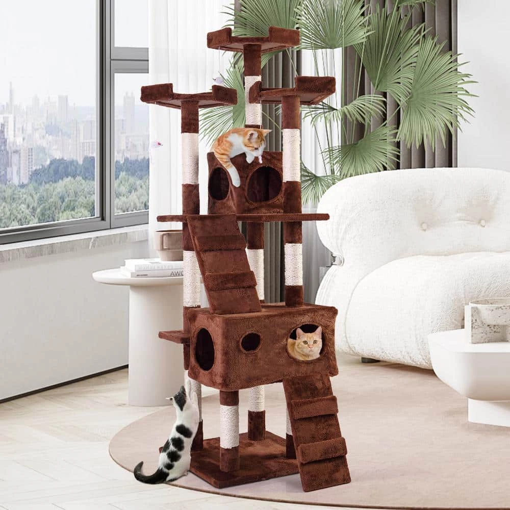 67 in. Cat Tree Brown Tower Condo Soft Flannel Covered by COZIWOW 2 67 in. Cat Tree Brown Tower Condo Soft Flannel Covered by COZIWOW - Image 2
