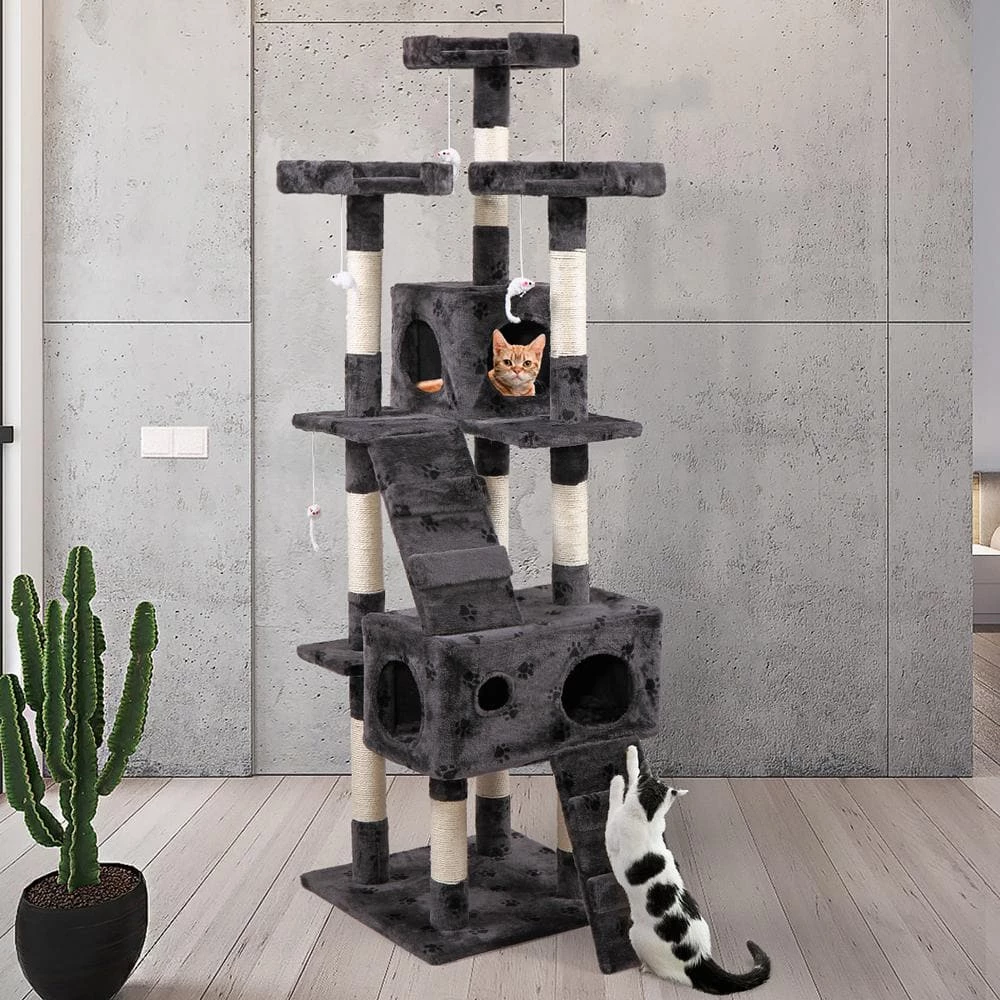 67 in. Grey with Paw Print Cat Tree Tower Kitten Condo House by COZIWOW 6 67 in. Grey with Paw Print Cat Tree Tower Kitten Condo House by COZIWOW - Image 6