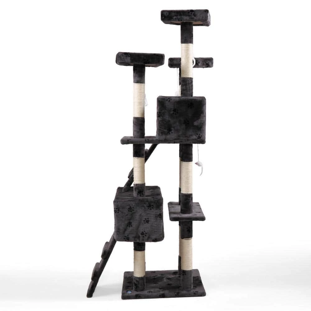67 in. Grey with Paw Print Cat Tree Tower Kitten Condo House by COZIWOW 2 67 in. Grey with Paw Print Cat Tree Tower Kitten Condo House by COZIWOW - Image 2